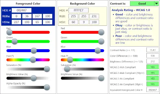 Web tool for evaluating color contrast for websites and presentations Color Contrast tool display